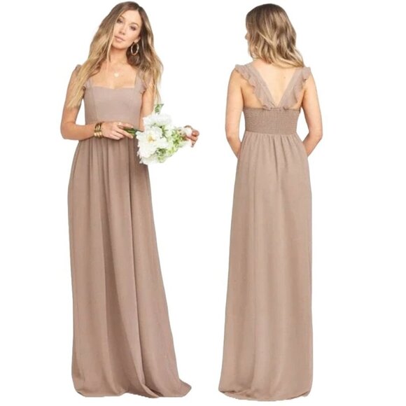 Show Me Your MuMu June Maxi Dress Size XS Dune Crisp Chiffon Brown Smocked Flowy - Picture 1 of 11